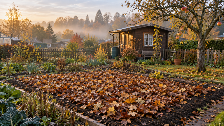 Herbstlicher Kleingarten mit laubbedecktem Beet und Gartenlaube