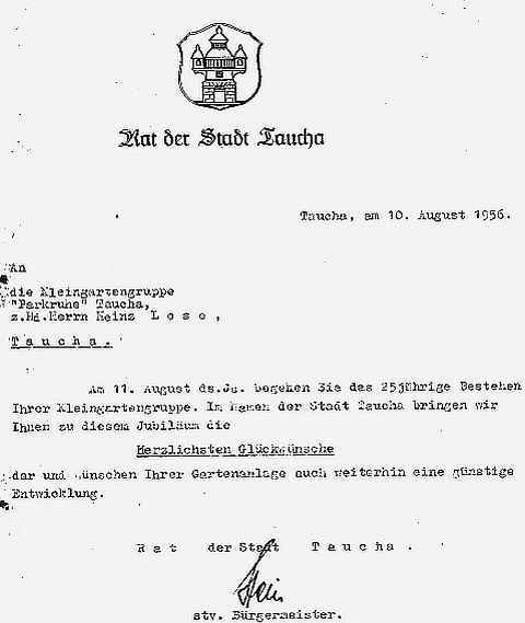 Glückwunschschreiben des Rates der Stadt Taucha von 1956